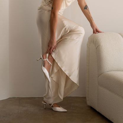 Kamra Pearl True White Satin Mid Heels | Dolce Vita