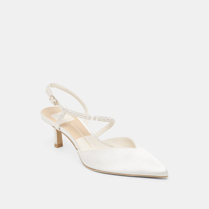 Kamra Pearl True White Satin Mid Heels | Dolce Vita