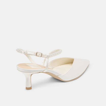 Kamra Pearl True White Satin Mid Heels | Dolce Vita