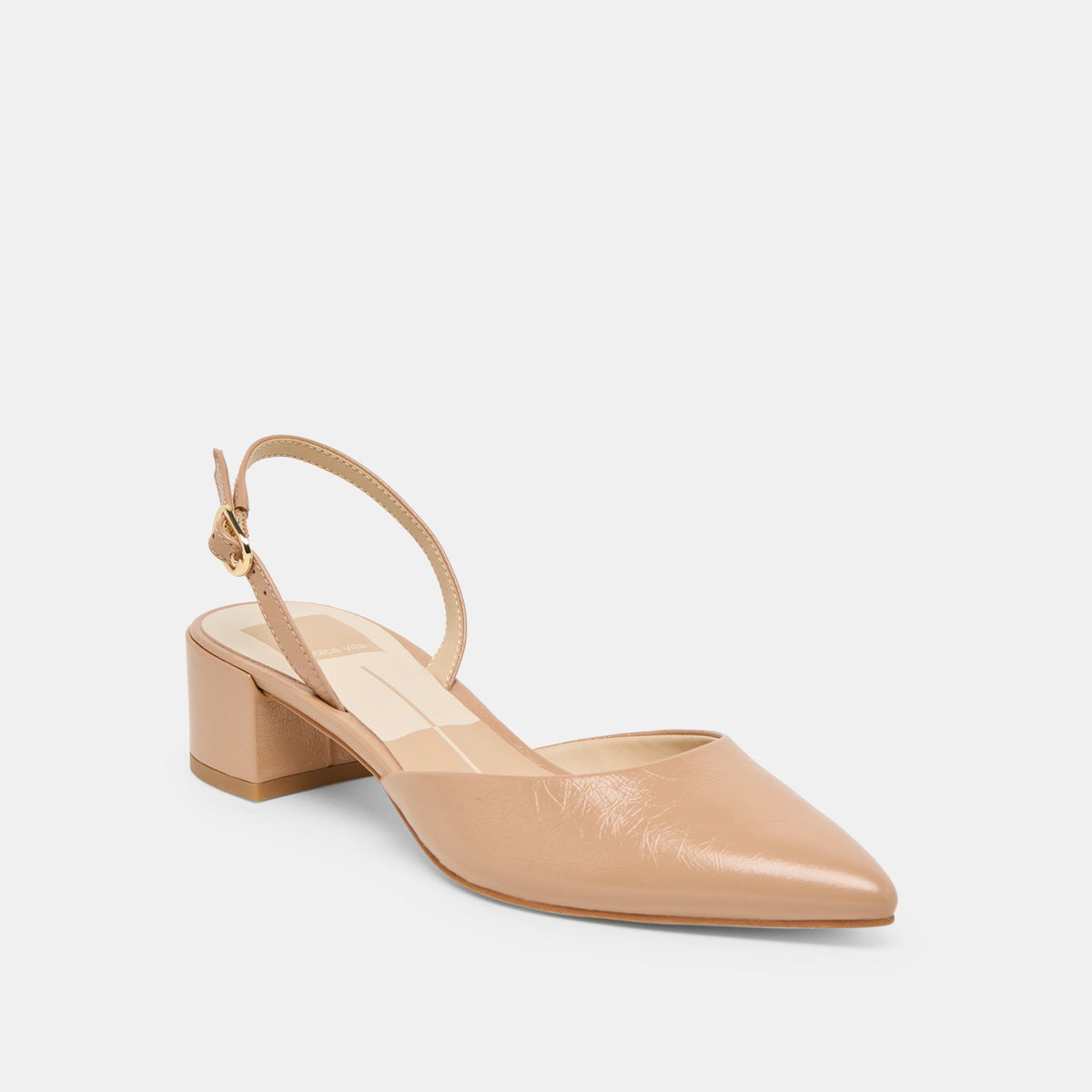 Carel Wide Lt Tan Crinkle Patent Leather Heels | Dolce Vita
