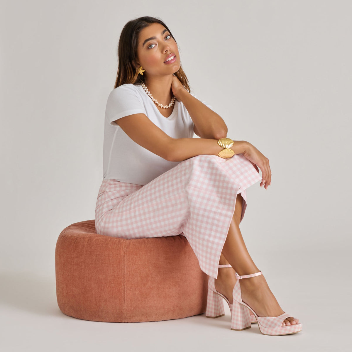 Reyes X Byrdie Golf Pink Plaid Gingham Heels | Dolce Vita