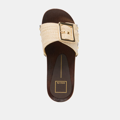 SHERY Natural Raffia Open-Toe Buckle Wood Sole Sandals | Dolce Vita