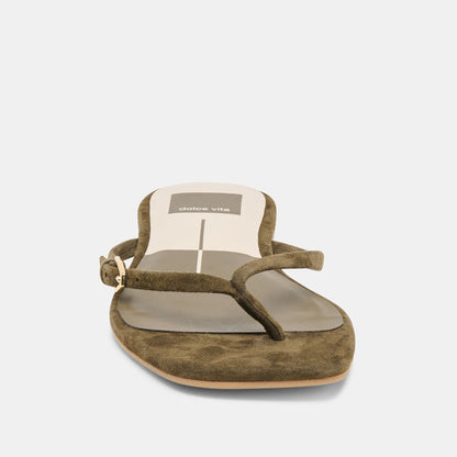 MALTA Dk Olive Suede Buckle Flip-Flop Sandals | Dolce Vita