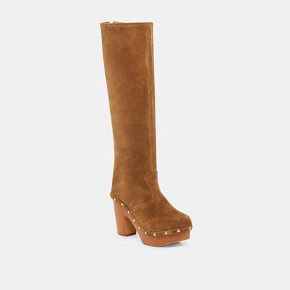 JENNY Chestnut Suede Knee-High Platform Wood Sole Boots | Dolce Vita