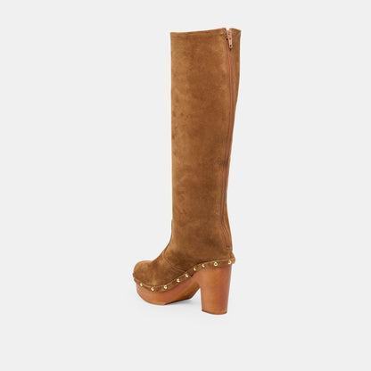 JENNY Chestnut Suede Knee-High Platform Wood Sole Boots | Dolce Vita