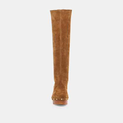 JENNY Chestnut Suede Knee-High Platform Wood Sole Boots | Dolce Vita