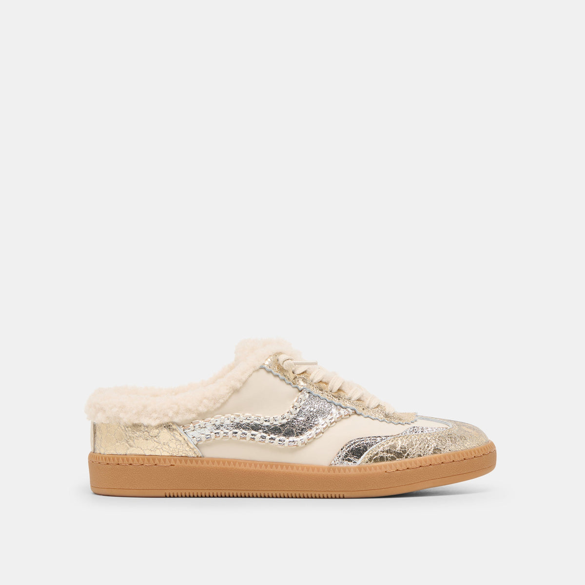 Notice Slide Plush Silver Gold Crackled Leather Sneakers | Dolce Vita
