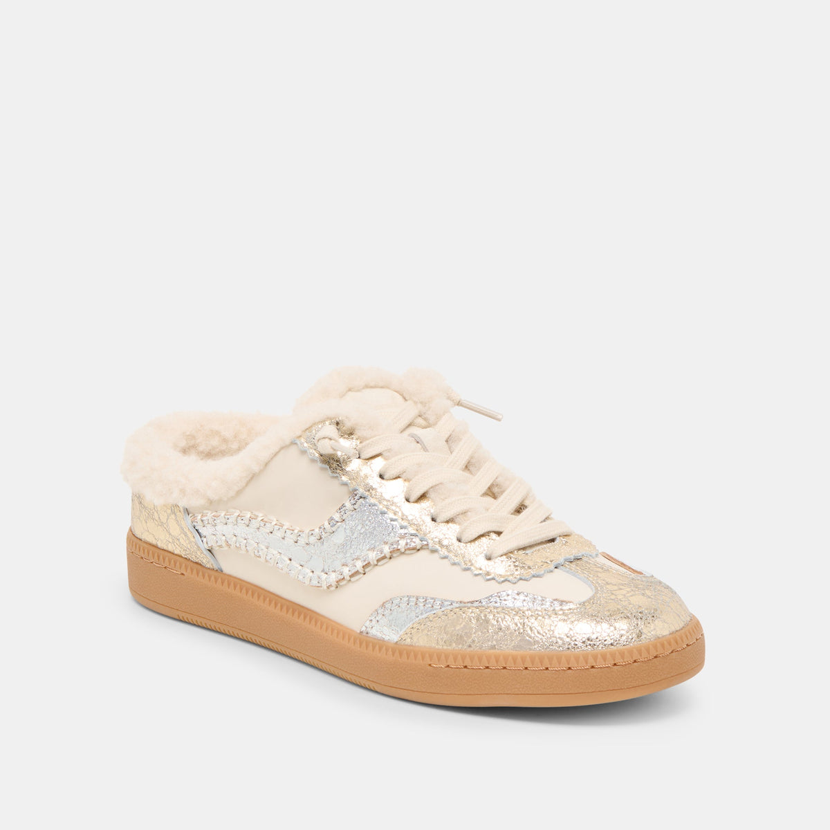 Notice Slide Plush Silver Gold Crackled Leather Sneakers | Dolce Vita