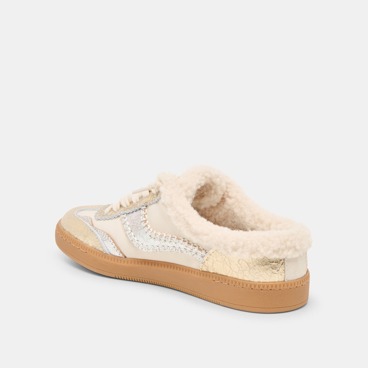Notice Slide Plush Silver Gold Crackled Leather Sneakers | Dolce Vita