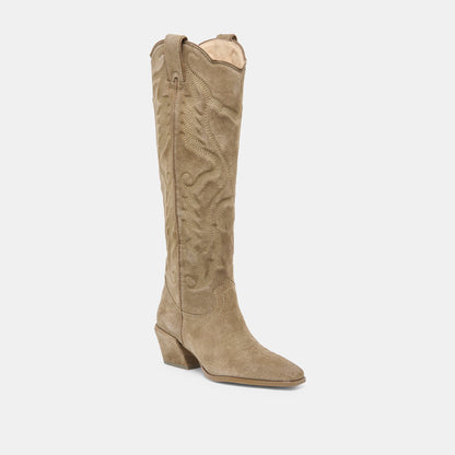 LUNI Taupe Suede Knee-High Pointed Toe Western Boots | Dolce Vita