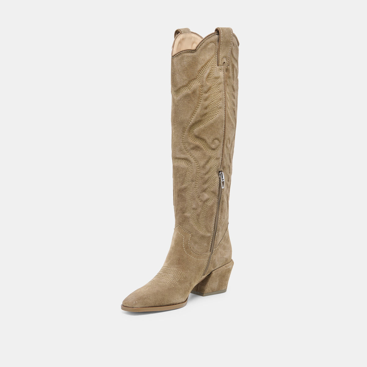 LUNI Taupe Suede Knee-High Pointed Toe Western Boots | Dolce Vita