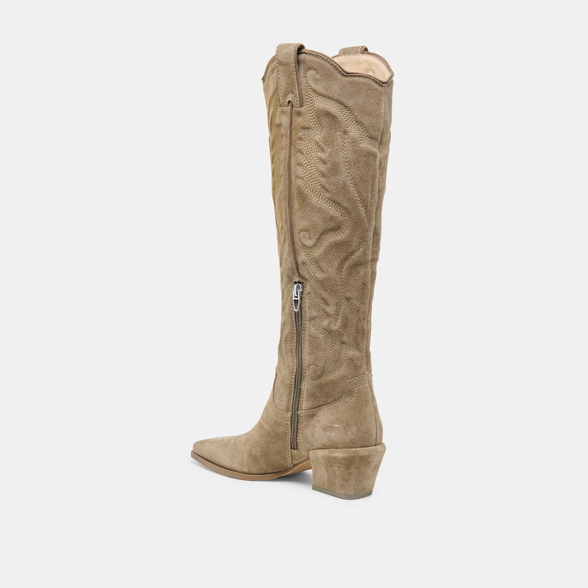 LUNI Taupe Suede Knee-High Pointed Toe Western Boots | Dolce Vita