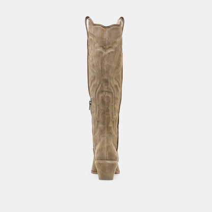 LUNI Taupe Suede Knee-High Pointed Toe Western Boots | Dolce Vita