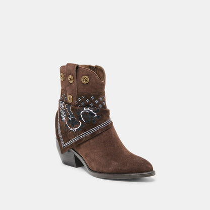 MEKALA Dk Brown Suede Pointed-Toe Ankle Western Boots | Dolce Vita