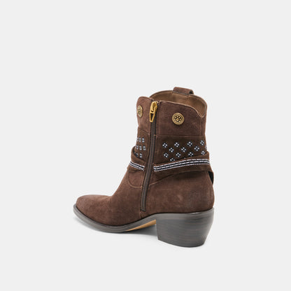 MEKALA Dk Brown Suede Pointed-Toe Ankle Western Boots | Dolce Vita