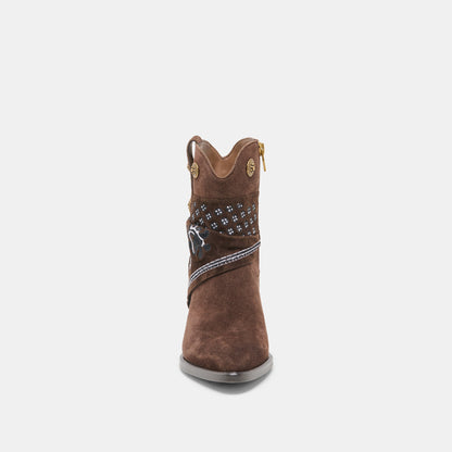 MEKALA Dk Brown Suede Pointed-Toe Ankle Western Boots | Dolce Vita