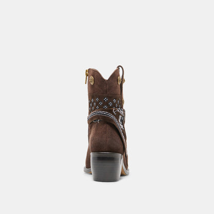 MEKALA Dk Brown Suede Pointed-Toe Ankle Western Boots | Dolce Vita