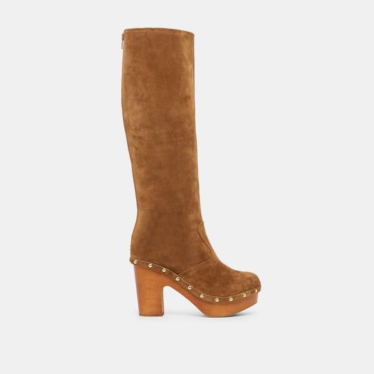 JENNY Chestnut Suede Knee-High Platform Wood Sole Boots | Dolce Vita