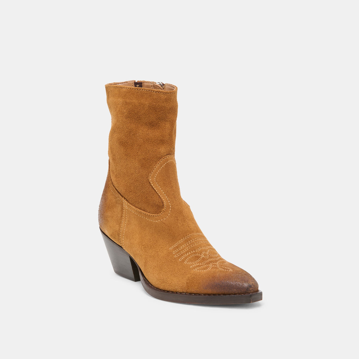 KLYDE Cognac Suede Block Heel Ankle Boots | Dolce Vita