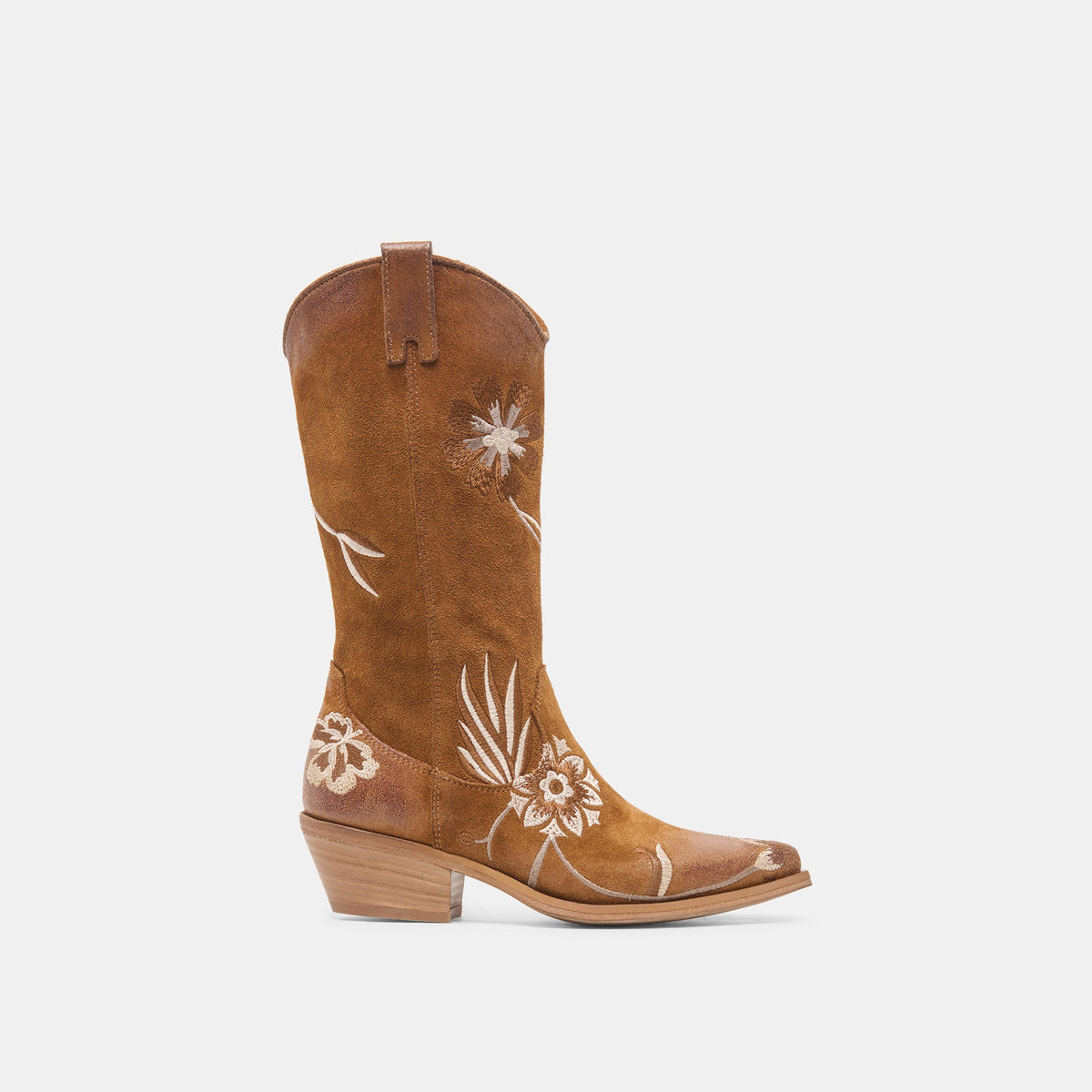 BRANDO Tan Suede Embroidered Pointed-Toe Western Boots | Dolce Vita
