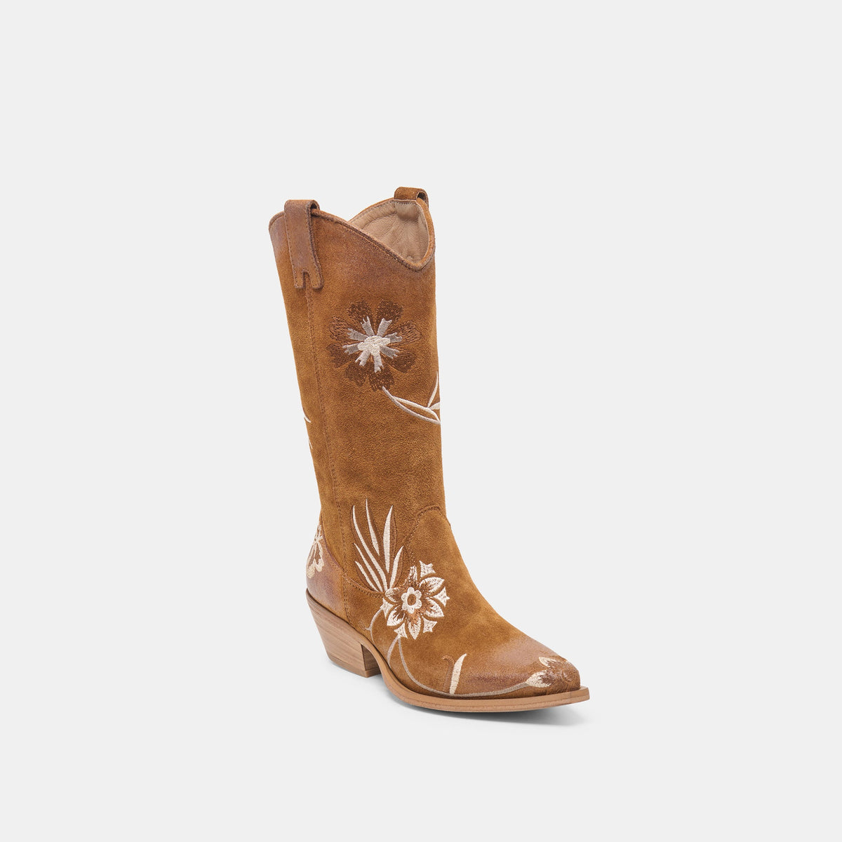 BRANDO Tan Suede Embroidered Pointed-Toe Western Boots | Dolce Vita