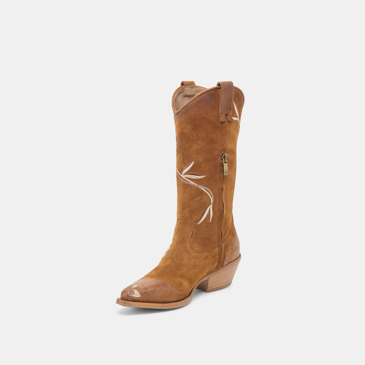 BRANDO Tan Suede Embroidered Pointed-Toe Western Boots | Dolce Vita