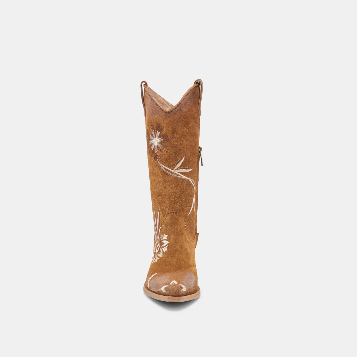 BRANDO Tan Suede Embroidered Pointed-Toe Western Boots | Dolce Vita