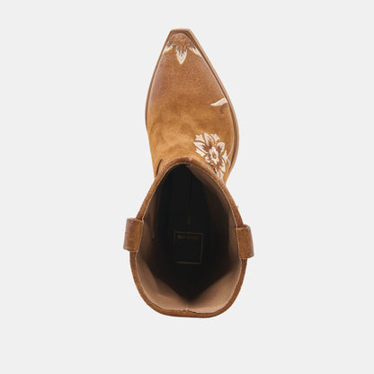 BRANDO Tan Suede Embroidered Pointed-Toe Western Boots | Dolce Vita