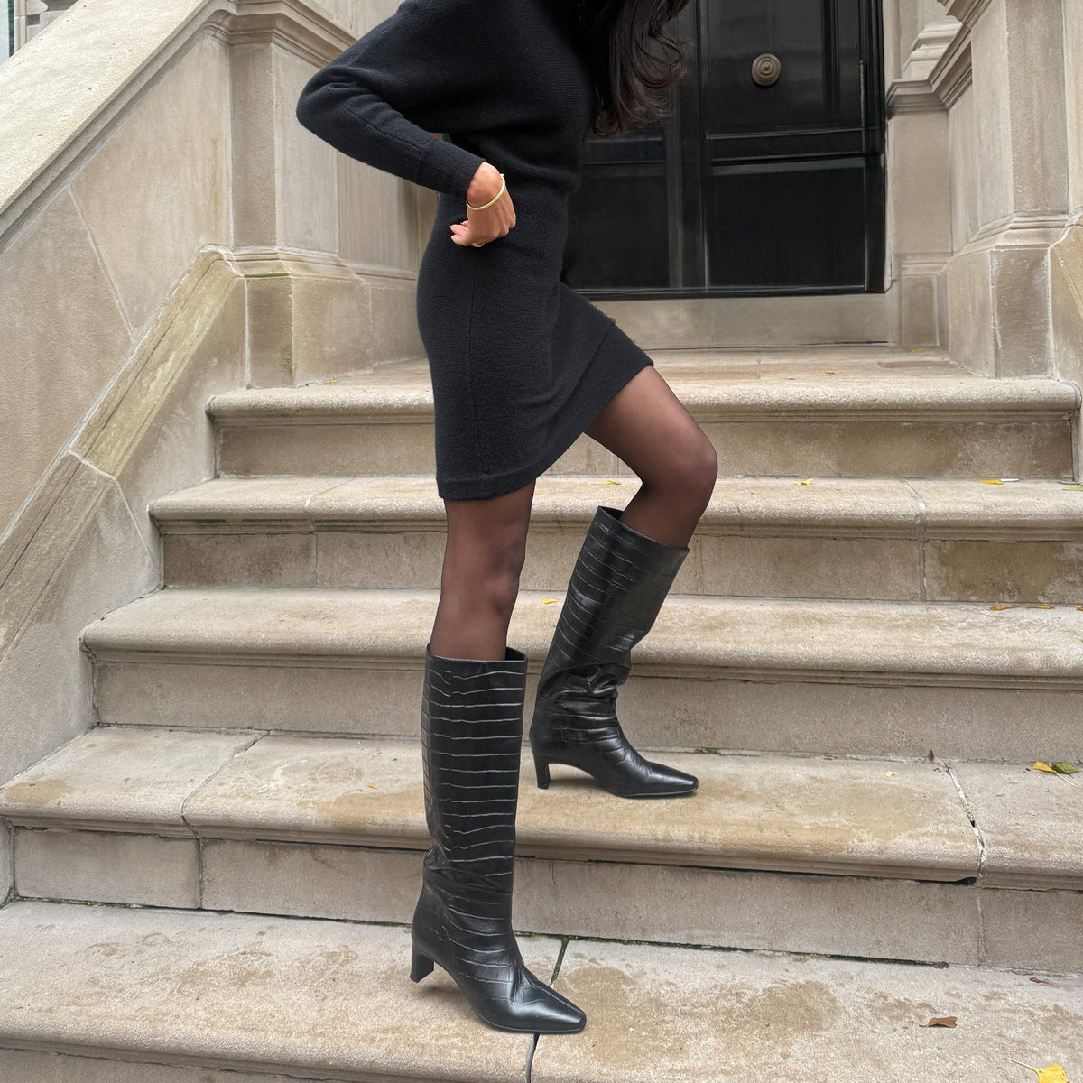 Trixi Noir Croco Embossed Leather Boots | Dolce Vita