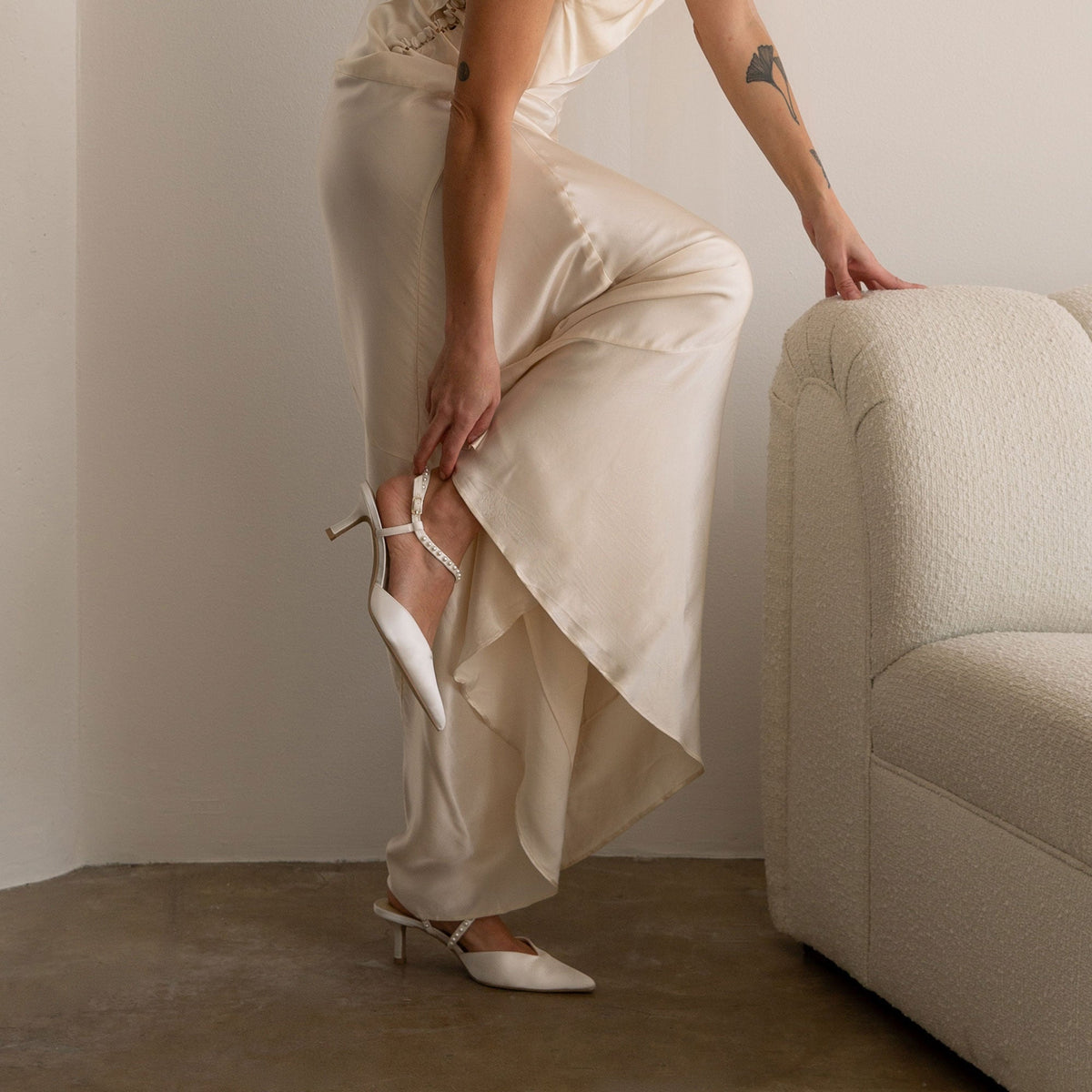 Kamra Pearl True White Satin Mid Heels | Dolce Vita