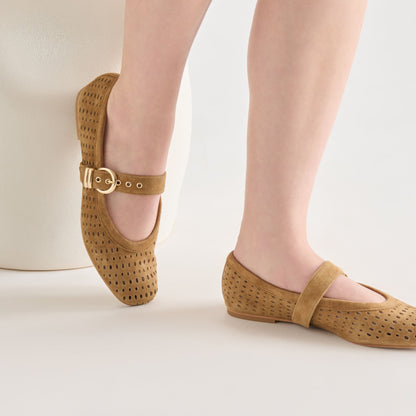 Mikel Lt Brown Perforated Suede Ballet Flats | Dolce Vita