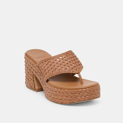RIPPLE Mid Brown Raffia Platform Thong Block Heel | Dolce Vita