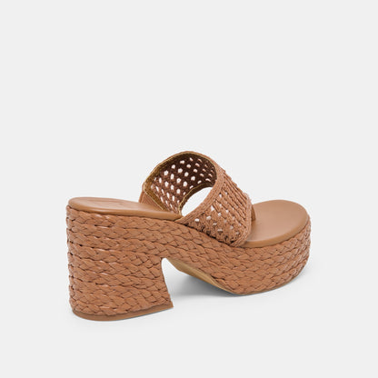 RIPPLE Mid Brown Raffia Platform Thong Block Heel | Dolce Vita