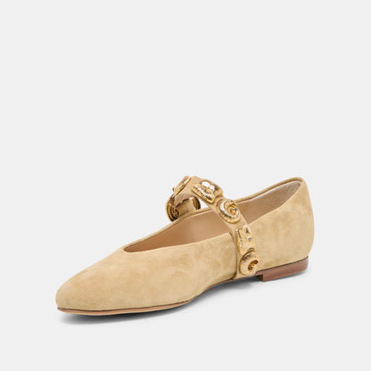 LOREE Desert Taupe Suede Mary-Jane Metal Detail Ballet Flats | Dolce Vita