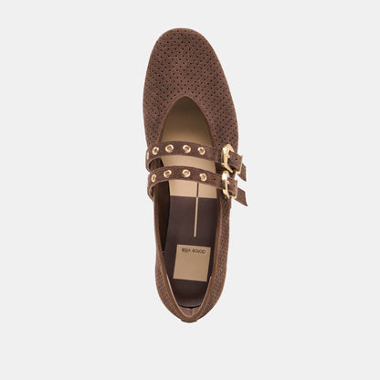 Baylee Grommet Dk Brown Perforated Suede Ballet Flats | Dolce Vita