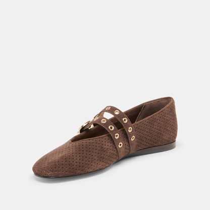 Baylee Grommet Dk Brown Perforated Suede Ballet Flats | Dolce Vita