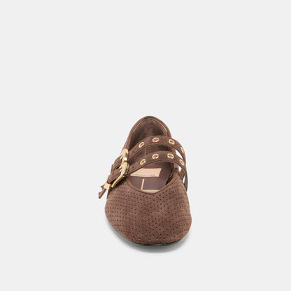Baylee Grommet Dk Brown Perforated Suede Ballet Flats | Dolce Vita