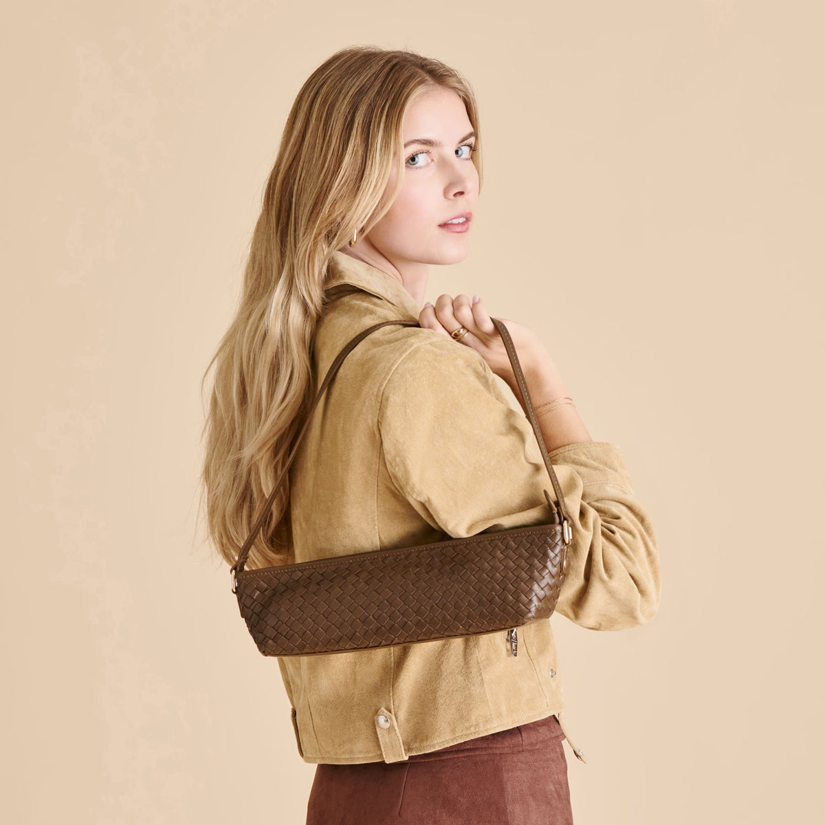 Savaii Brown Woven Leather Shoulder Bag | Dolce Vita