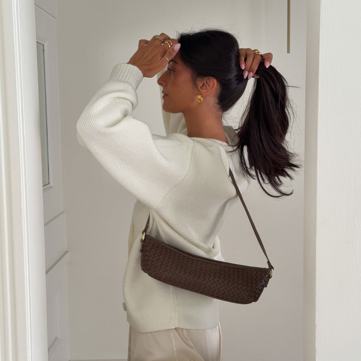 Savaii Brown Woven Leather Shoulder Bag | Dolce Vita