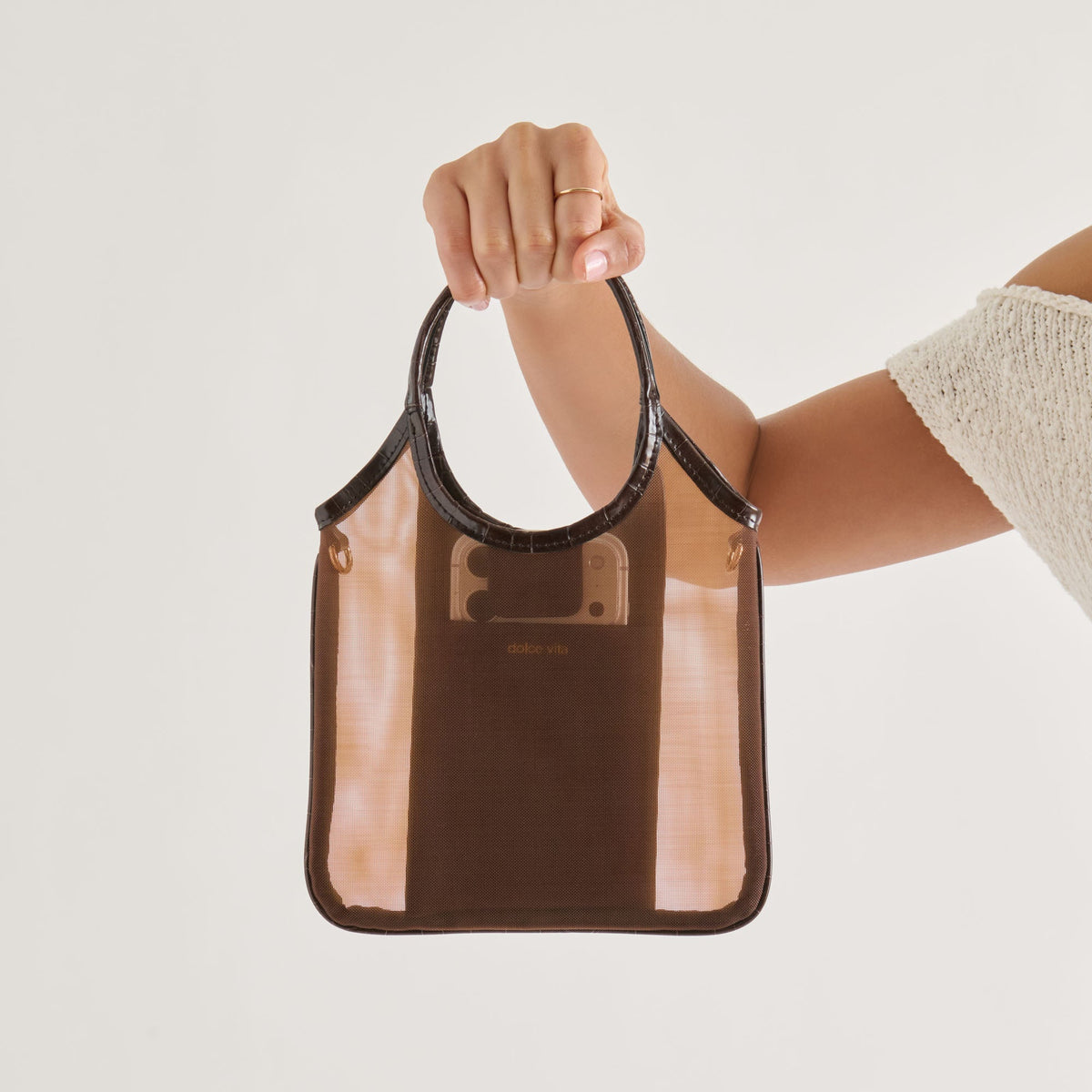 SYLVENE Chocolate Mesh Removable Crossbody Handbag | Dolce Vita