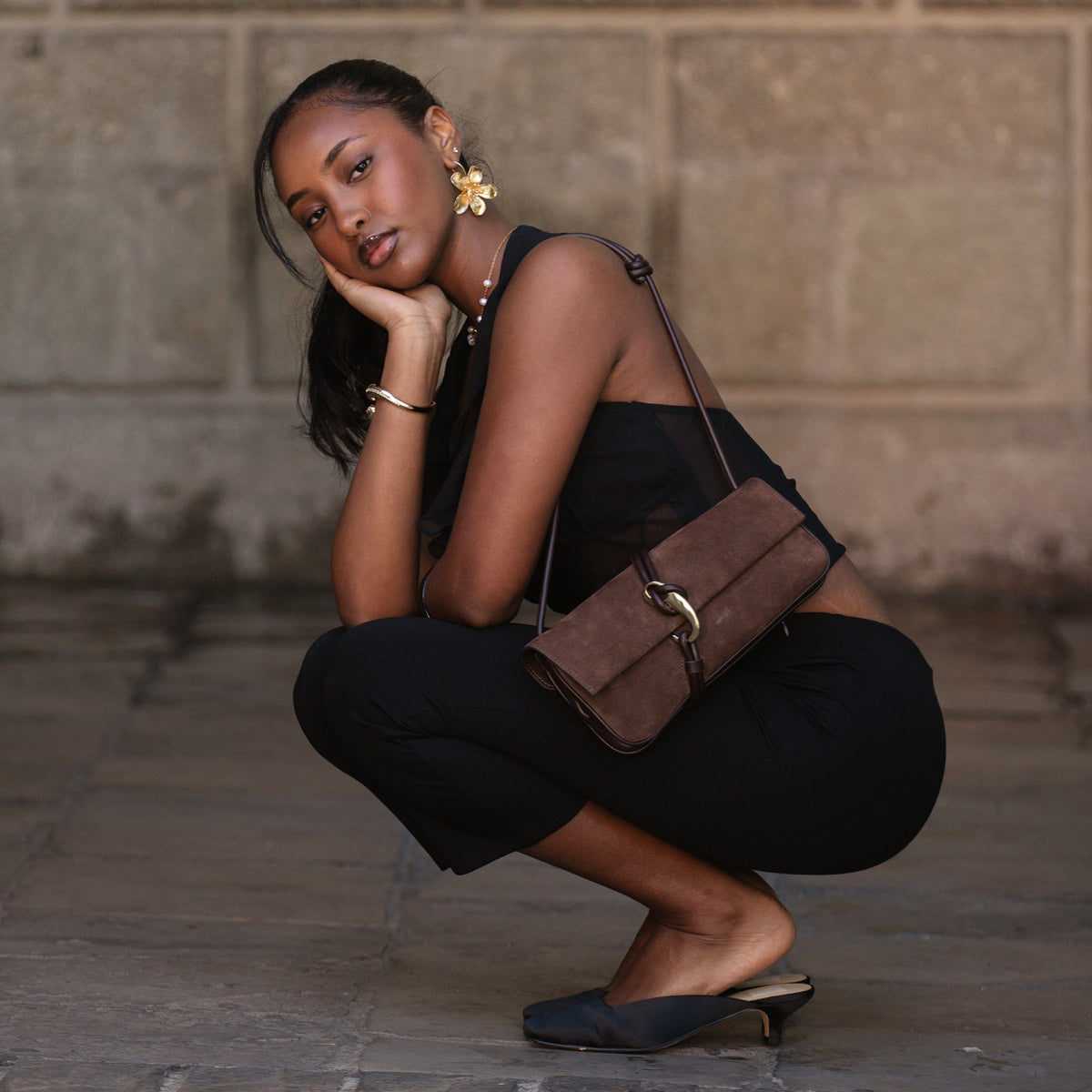 Alice Chocolate Suede Shoulder Bag | Dolce Vita
