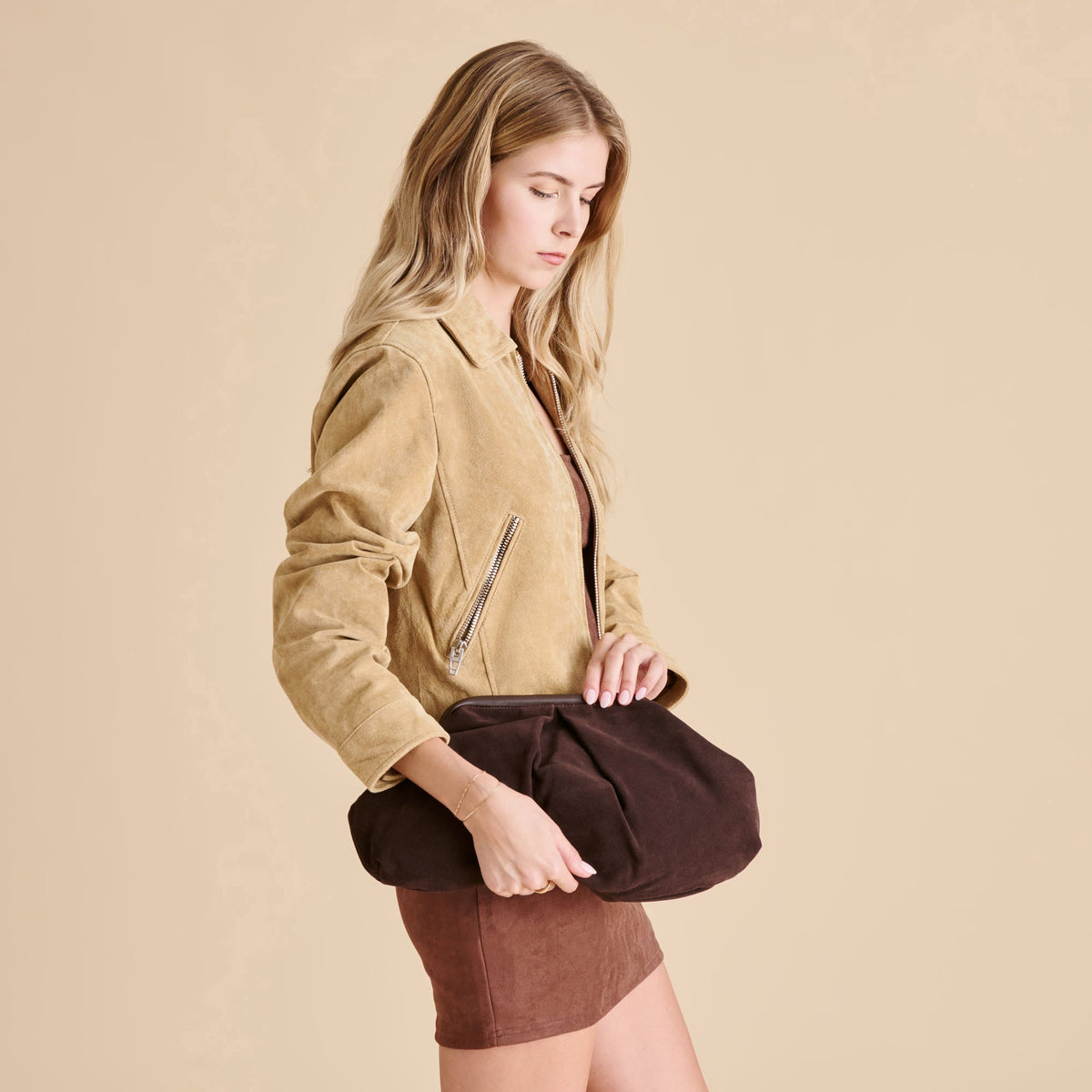 Sahara Espresso Suede Clutch | Dolce Vita