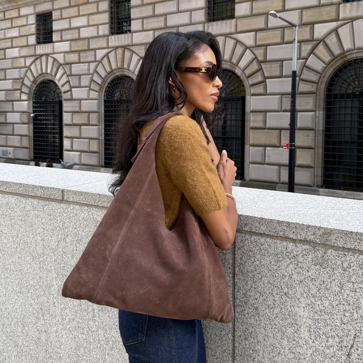 Marie Chocolate Suede Tote | Dolce Vita
