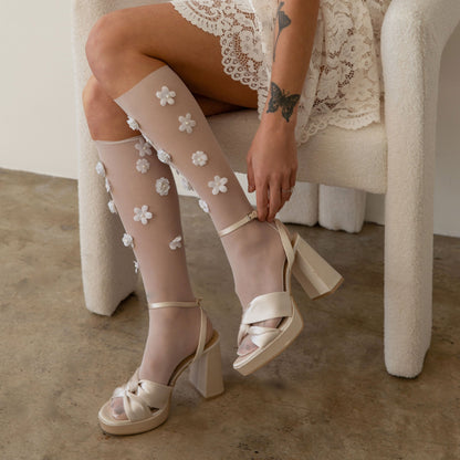 Floral Chiffon White Slouch Socks | Dolce Vita