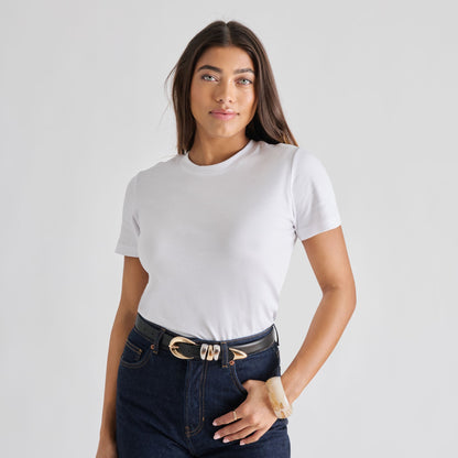 Mixed Metal Black Buckle Belt | Dolce Vita