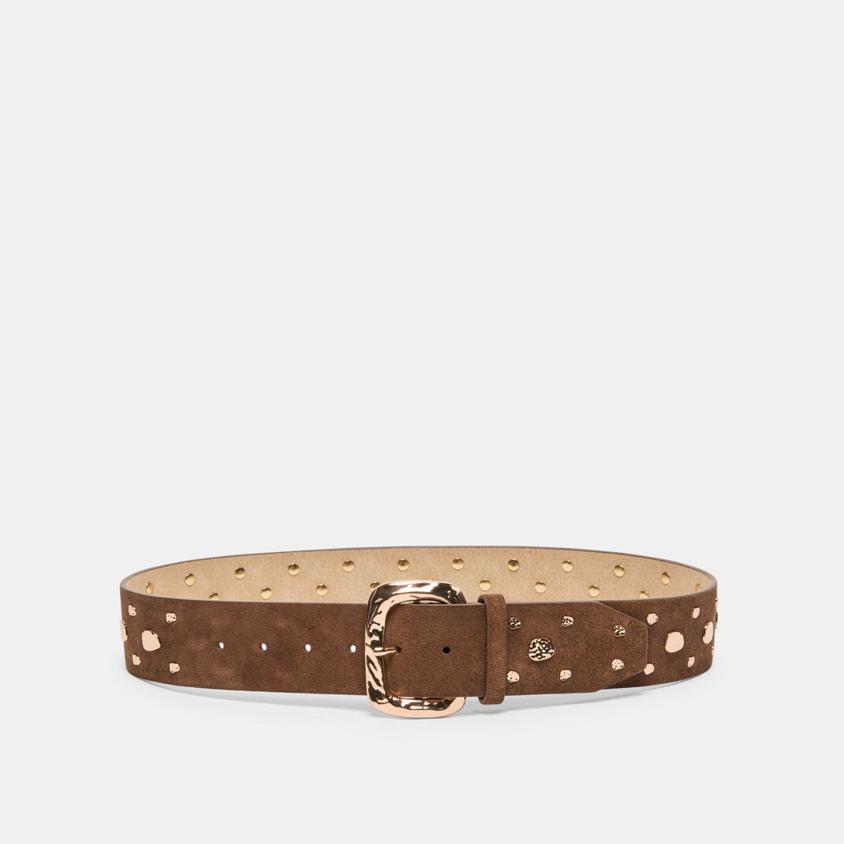 Rectangle Buckle Brown Suede Gold Studded Belt | Dolce Vita