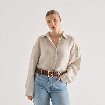 Rectangle Buckle Brown Suede Gold Studded Belt | Dolce Vita