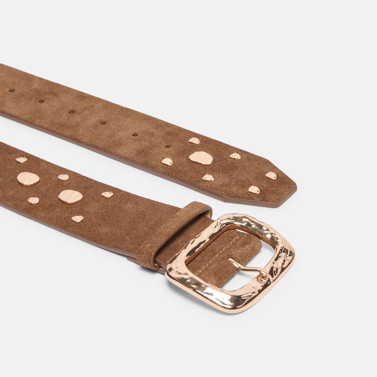 Rectangle Buckle Brown Suede Gold Studded Belt | Dolce Vita