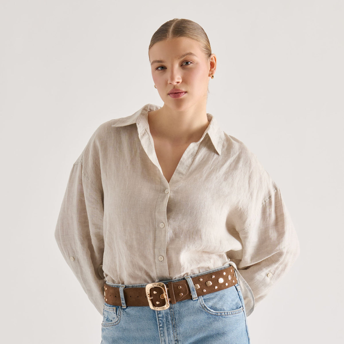 Rectangle Buckle Brown Suede Gold Studded Belt | Dolce Vita