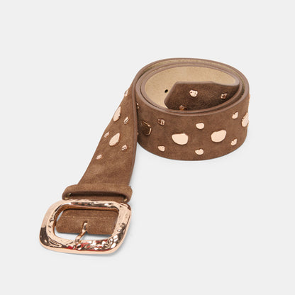 Rectangle Buckle Brown Suede Gold Studded Belt | Dolce Vita